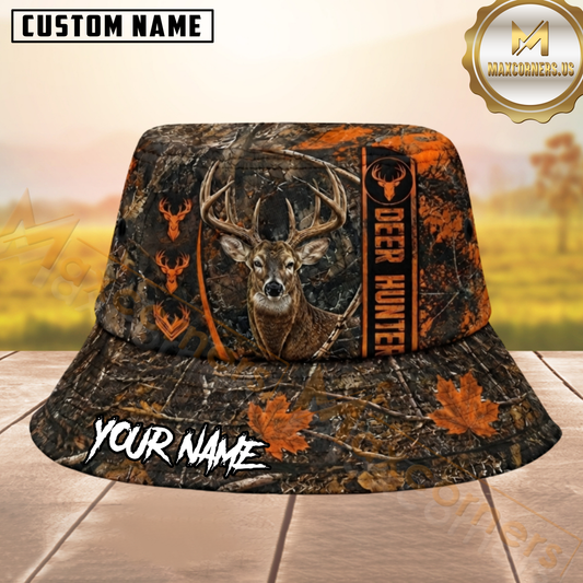 Maxcorners Deer Hunting Blaze Orange Woodland Camo Personalized Name 3D Bucket Hat
