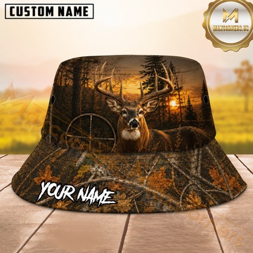 Maxcorners Whitetail Deer Hunting Sunset Woodland Camo Personalized Name 3D Bucket Hat
