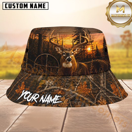 Maxcorners Whitetail Deer Hunting Sunset Woodland Camo Personalized Name 3D Bucket Hat