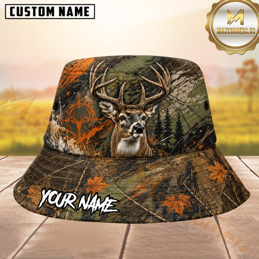 Maxcorners Whitetail Deer Hunting Green Orange Woodland Camo Personalized Name 3D Bucket Hat