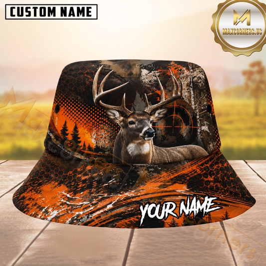 Maxcorners Whitetail Deer Hunting Blaze Orange Honeycomb Camo Personalized Name 3D Bucket Hat
