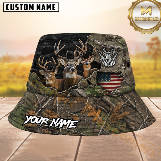 Maxcorners Whitetail Deer Hunting Woodland Camo USA Flag Personalized Name 3D Bucket Hat