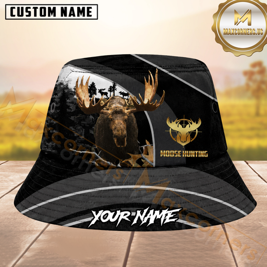 Maxcorners Bull Moose Hunting Black Gold Personalized Name 3D Bucket Hat