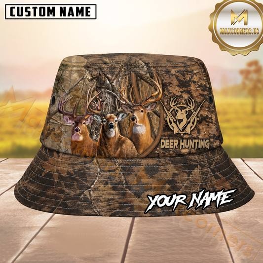 Maxcorners Whitetail Deer Hunting Woodland Brown Camouflage Personalized Name 3D Bucket Hat