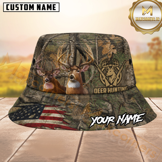 Maxcorners Whitetail Deer Hunting Woodland Camouflage American Flag Personalized Name 3D Bucket Hat