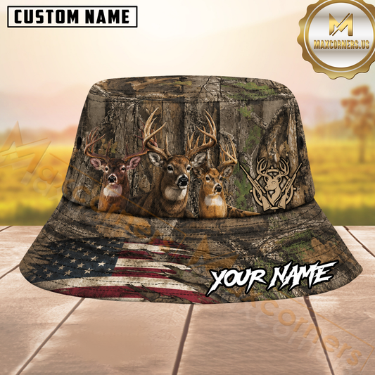 Maxcorners Triple Buck Deer Hunting Rustic Camouflage Personalized Name 3D Bucket Hat