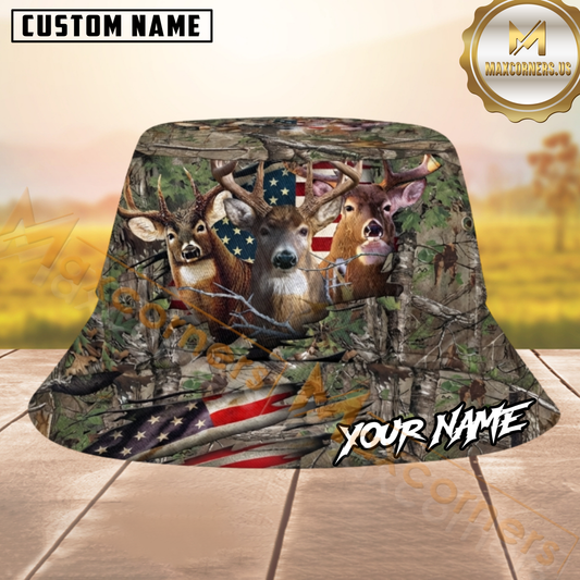 Maxcorners Deer Hunting Mossy Oak Style American Flag Personalized Name 3D Bucket Hat