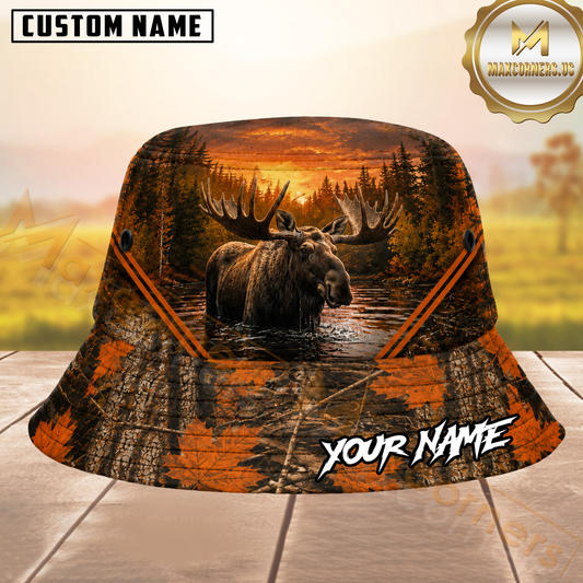 Maxcorners Moose Hunting Sunset Forest Orange Camouflage Personalized Name 3D Bucket Hat