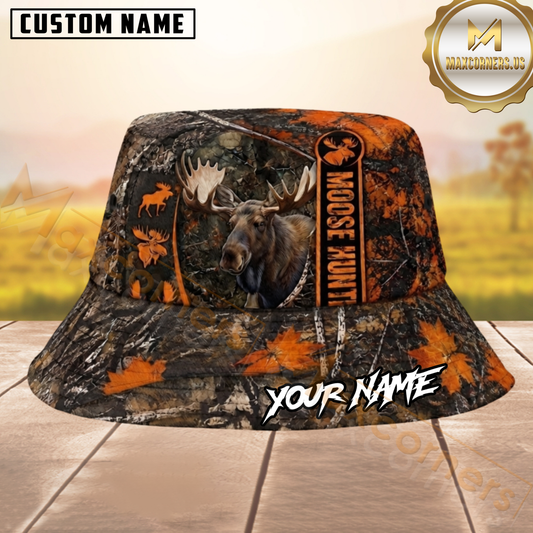 Maxcorners Moose Hunting Orange Woodland Camouflage Personalized Name 3D Bucket Hat