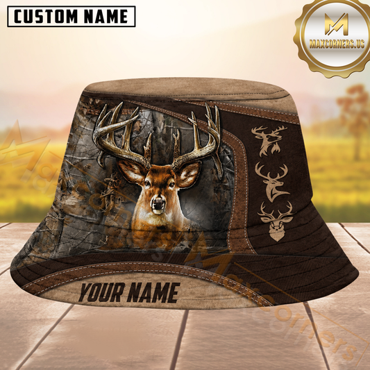 Maxcorners Buck Hunting Brown Leather Camo Personalized Name 3D Bucket Hat