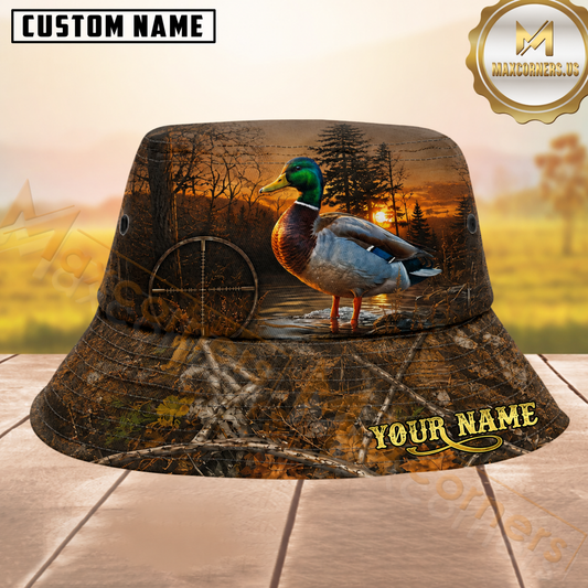 Maxcorners Mallard Duck Hunting Sunset Real Tree Camo Personalized Name 3D Bucket Hat
