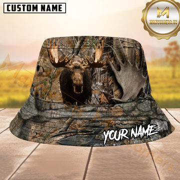 Maxcorners Moose Hunting Real Tree Bark Camo Personalized Name 3D Bucket Hat
