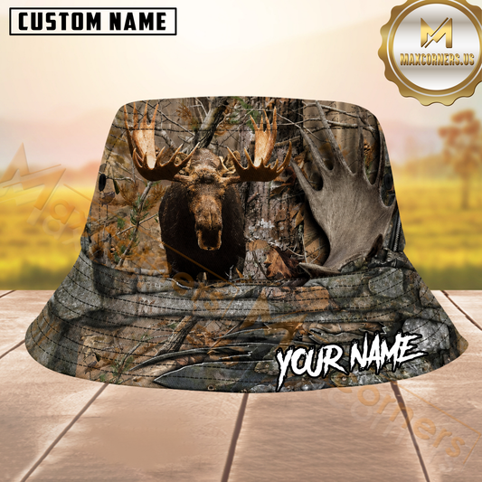 Maxcorners Moose Hunting Real Tree Bark Camo Personalized Name 3D Bucket Hat