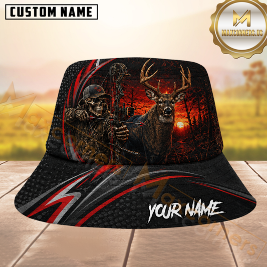 Maxcorners Deer Hunting Skeleton Bow Sunset Red Striped Personalized Name 3D Bucket Hat