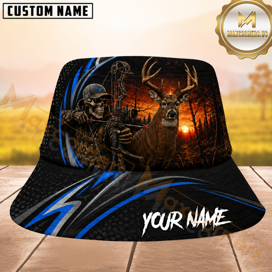 Maxcorners Deer Hunting Skeleton Bow Sunset Blue Striped Personalized Name 3D Bucket Hat