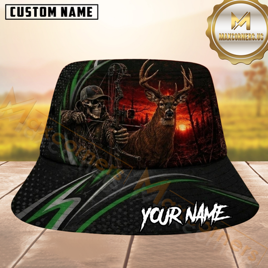 Maxcorners Deer Hunting Skeleton Bow Sunset Green Striped Personalized Name 3D Bucket Hat