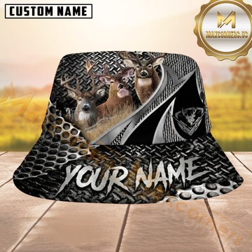 Maxcorners Deer Hunting Silver Black Diamond Plate Metal Personalized Name 3D Bucket Hat
