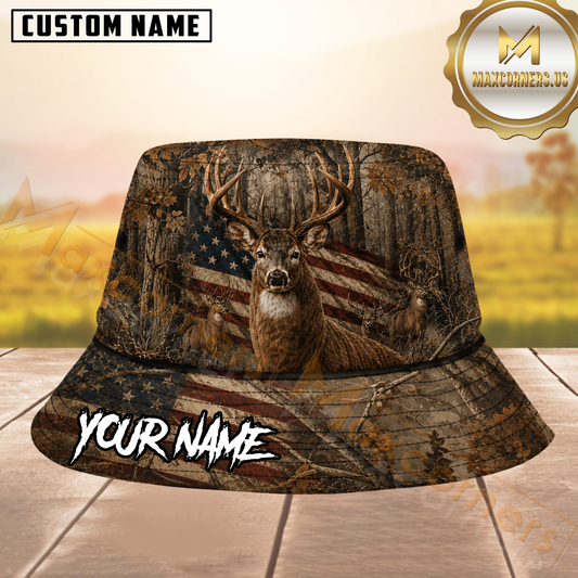 Maxcorners Deer Hunting Faded US Flag Woods Camo Personalized Name 3D Bucket Hat
