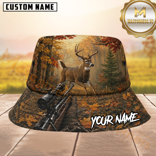 Maxcorners Whitetail Deer Hunting Autumn Forest Personalized Name 3D Bucket Hat