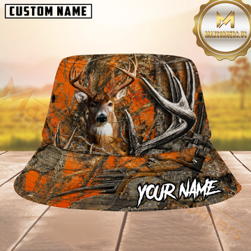 Maxcorners Whitetail Deer Hunting Blaze Orange Woodland Camo Personalized Name 3D Bucket Hat