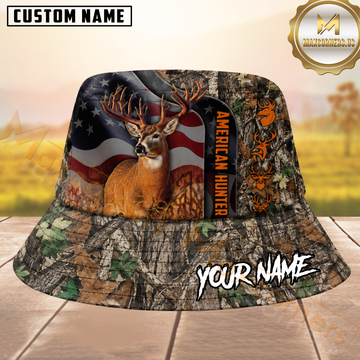 Maxcorners Whitetail Deer Hunting American Flag Woodland Camo Personalized Name 3D Bucket Hat