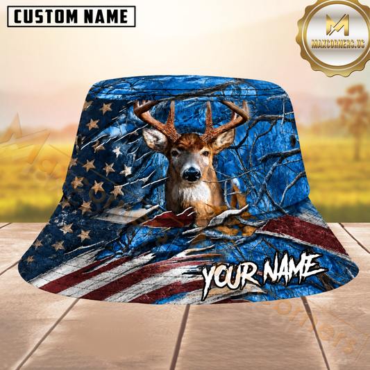 Maxcorners Whitetail Deer Hunting Blue American Flag Personalized Name 3D Bucket Hat