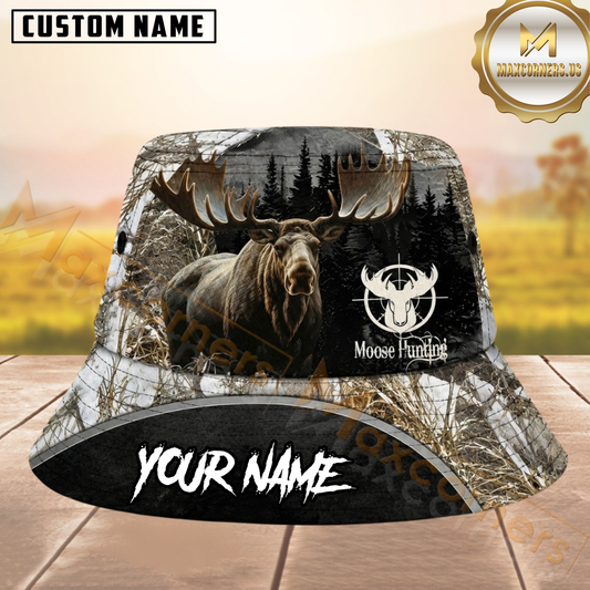 Maxcorners Moose Hunting Brown Woodland Camouflage Personalized Name 3D Bucket Hat