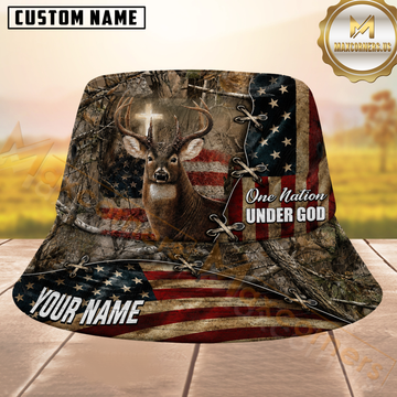 Maxcorners Whitetail Deer Hunting Woodland Camo American Flag Personalized Name 3D Bucket Hat