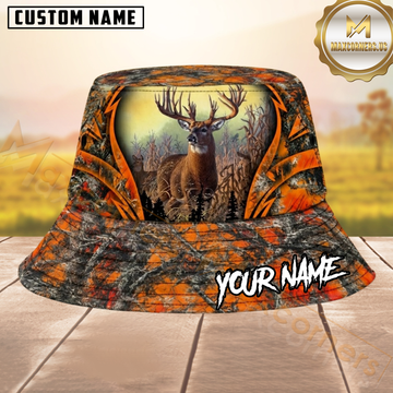 Maxcorners Whitetail Deer Hunting Blaze Orange Camo Lightning Personalized Name 3D Bucket Hat