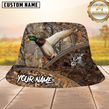 Maxcorners Mallard Duck Hunting Woodland Camo Zipper Pattern Personalized Name 3D Bucket Hat