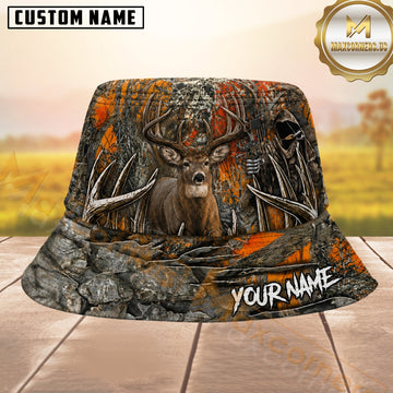 Maxcorners Whitetail Deer Hunting Orange Woodland Camo Grim Reaper Personalized Name 3D Bucket Hat