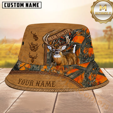 Maxcorners Whitetail Deer Hunting Brown Leather Orange Woodland Camo Personalized Name 3D Bucket Hat