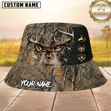 Maxcorners Whitetail Deer Hunting Woodland Camo Black Leather Lace Gold Emblem Personalized Name 3D Bucket Hat