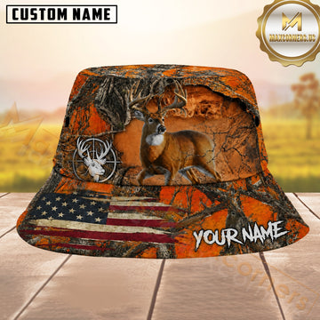 Maxcorners Whitetail Deer Hunting Orange Camo American Flag Personalized Name 3D Bucket Hat