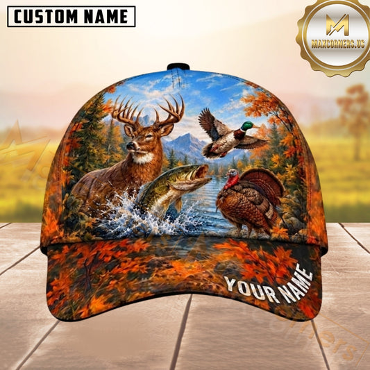 Maxcorners Hunting Blue Sky Autumn Wildlife Forest Pattern Customized Name 3D Cap