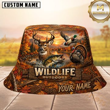 Maxcorners Wildlife Animals Hunting Autumn Landscape Personalized Name 3D Bucket Hat