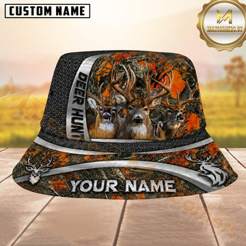 Maxcorners Deer Hunting Orange Blaze Camo Black Hexagon Personalized Name 3D Bucket Hat