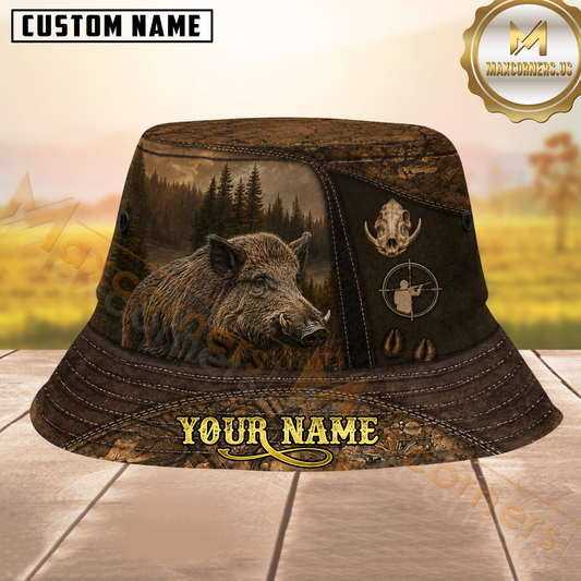 Maxcorners Wild Boar Hunting Rustic Brown Woodland Personalized Name 3D Bucket Hat