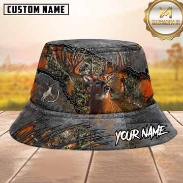 Maxcorners Whitetail Deer Hunting Orange Woodland Camo Gunmetal Personalized Name 3D Bucket Hat