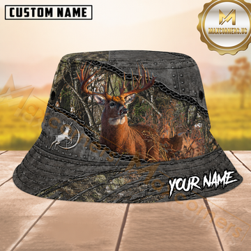 Maxcorners Whitetail Deer Hunting Dark Woodland Camo Metal Texture Personalized Name 3D Bucket Hat