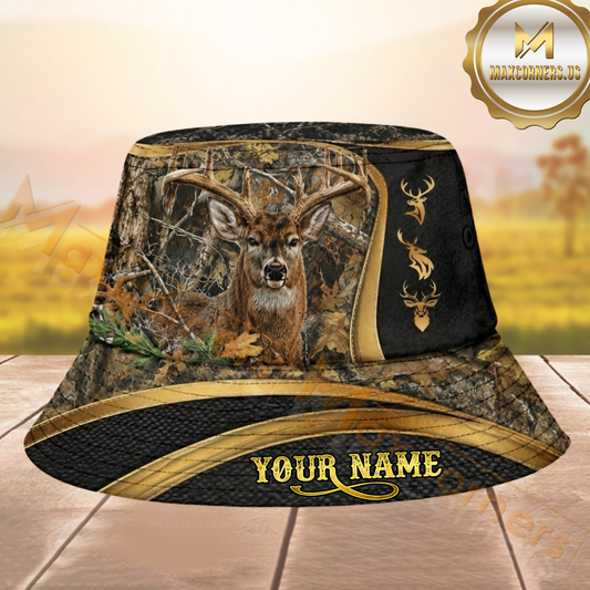 Maxcorners Whitetail Deer Hunting Woodland Camo Black Gold Personalized Name 3D Bucket Hat