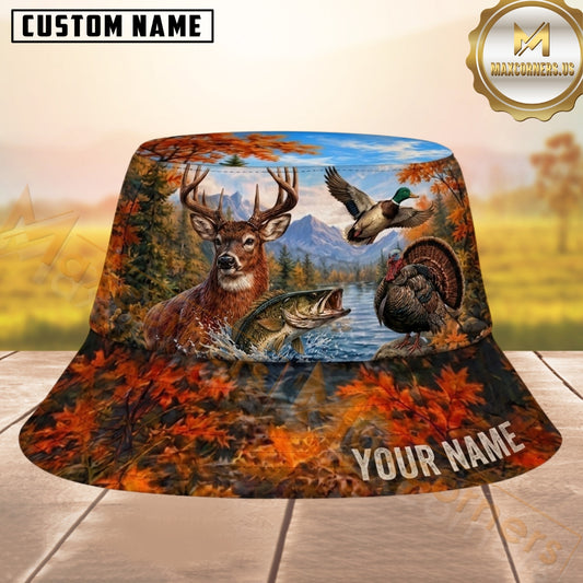 Maxcorners Hunting Blue Sky Autumn Wildlife Forest Pattern Personalized Name 3D Bucket Hat