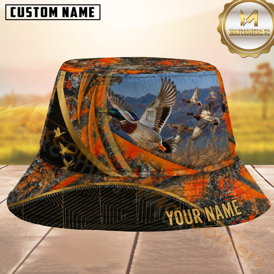 Maxcorners Duck Hunting Orange Camo and Black Geometric Personalized Name 3D Bucket Hat