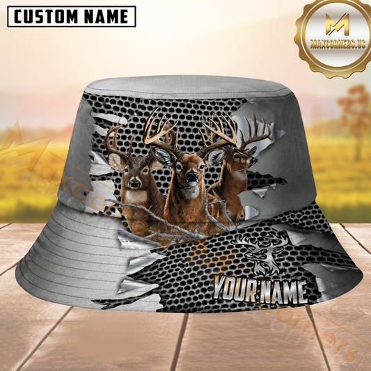 Maxcorners Bucks Hunting Distressed Grey Torn Metal Personalized Name 3D Bucket Hat