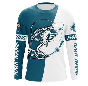 Maxcorners Personalized Bass Long sleeve Fishing Shirts, Bass Fall season Fishing Shirts | light navy blue LM0201
