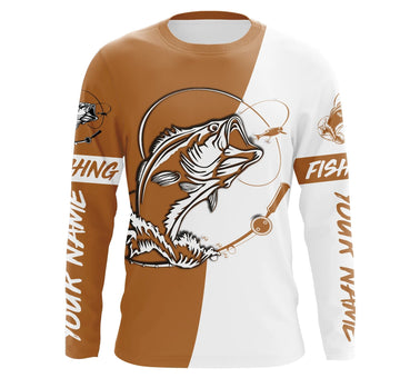 Maxcorners Personalized Bass Long sleeve Fishing Shirts, Bass Fall season Fishing Shirts | leather brown LM0201