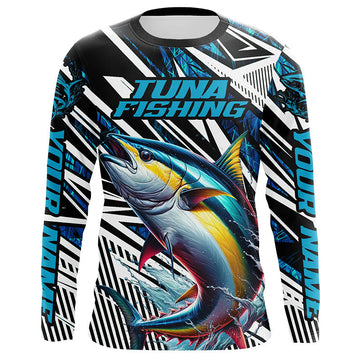Maxcorners Custom Yellowfin Tuna Long Sleeve Tournament Fishing Shirts, Tuna Fishing Jerseys | Blue Camo LM2408