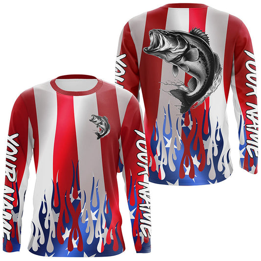 Maxcorners Custom 3D Flame American Flag Bass Long Sleeve Fishing Shirts, Patriotic Bass Fishing Jerseys  LM2408