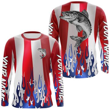 Maxcorners Custom 3D Flame American Flag Walleye Long Sleeve Fishing Shirts, Patriotic Walleye Fishing Jerseys LM0501