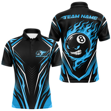 Maxcorners Custom Black And Blue Flame Angry 8 Ball Billiards Jerseys Polo Shirt For Men